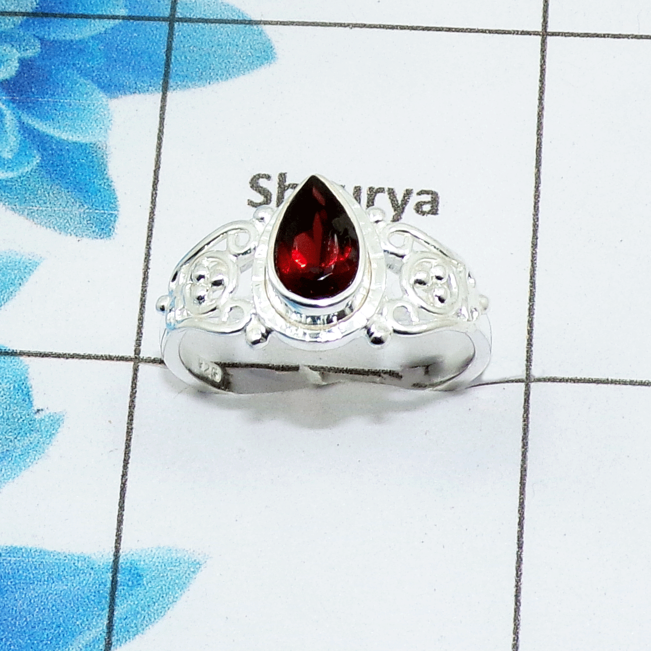 Ring Size 8 - Garnet Cut M - BDR950- Latest New Design Ring Pear Shape Cut Gemstone Solid 925 Silver Light Weight Designer Ring